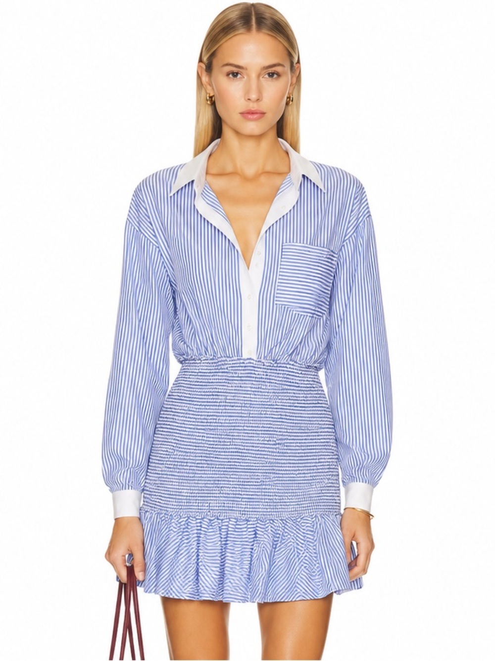 Fashion Forward Trendy Classy Blue Striped Shirt-Skirt Mini Dress - Large